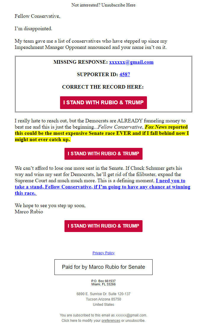 Screenshot of the email generated on import