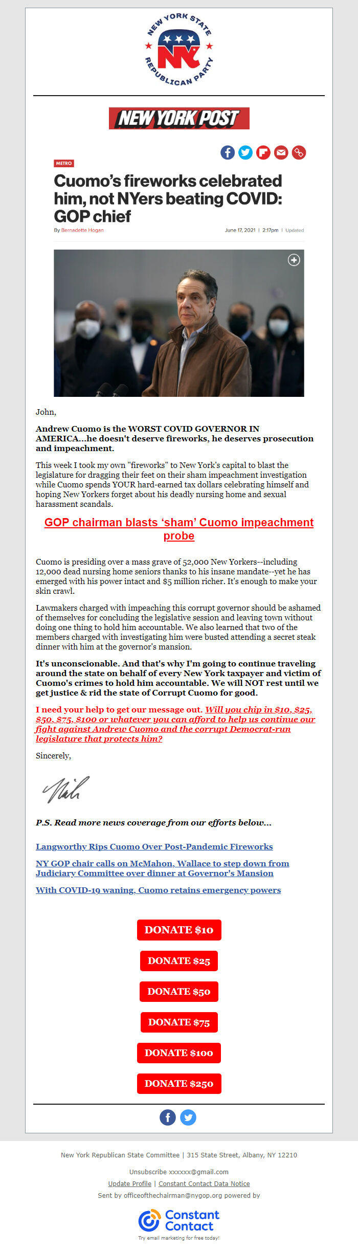 Screenshot of the email generated on import