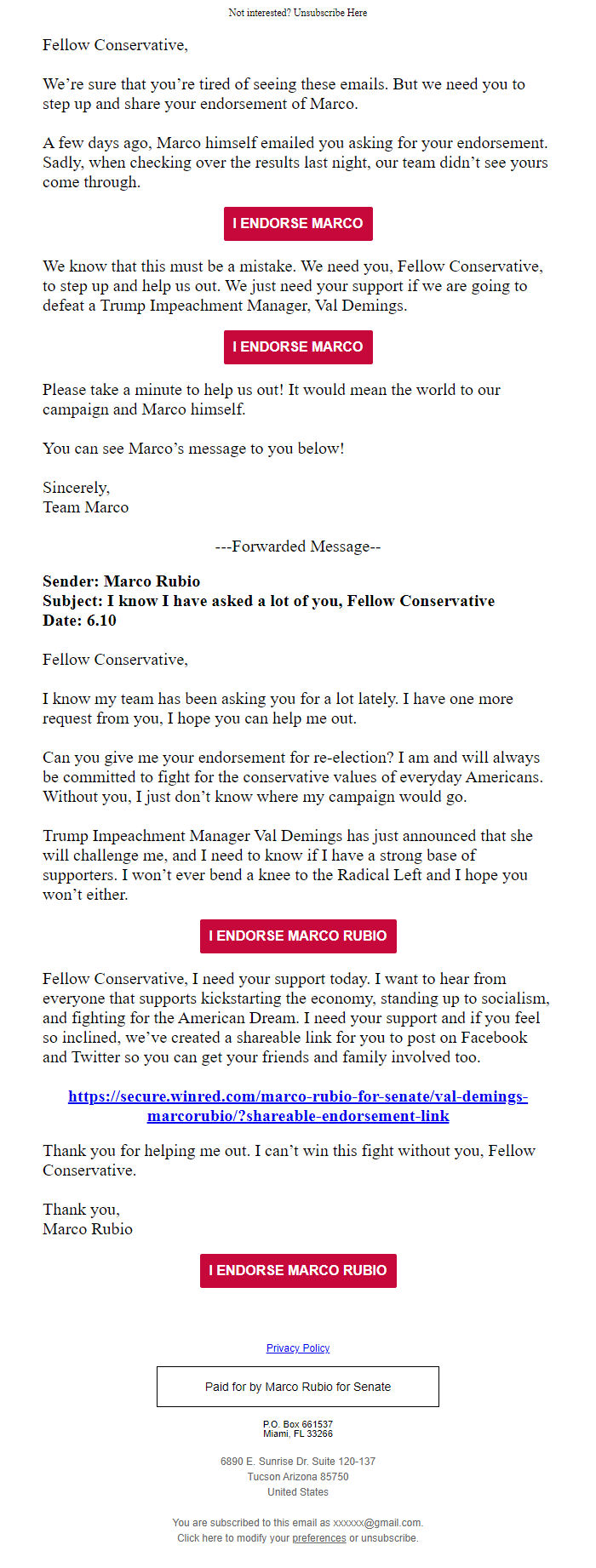 Screenshot of the email generated on import