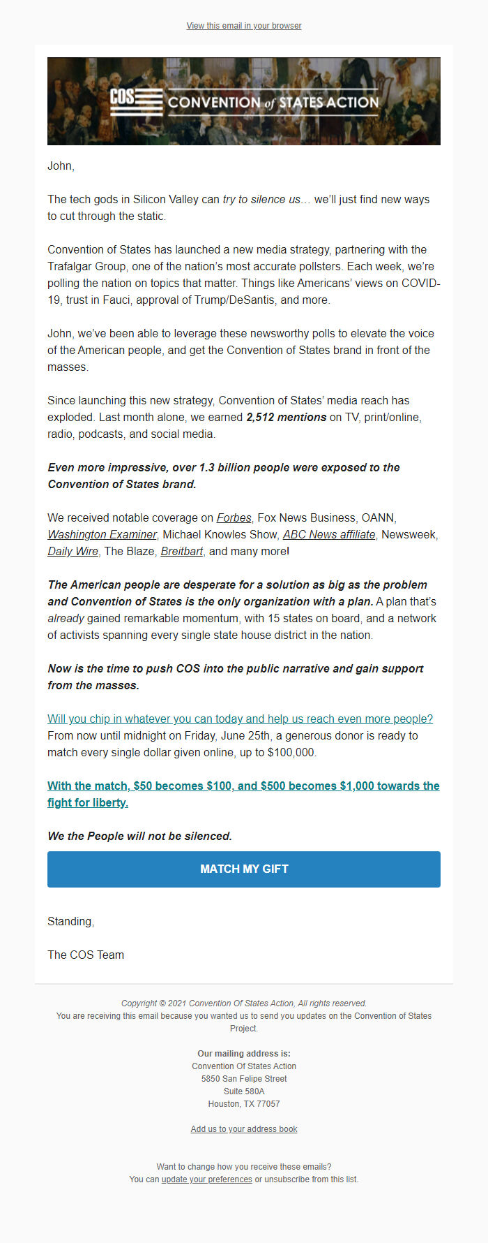 Screenshot of the email generated on import