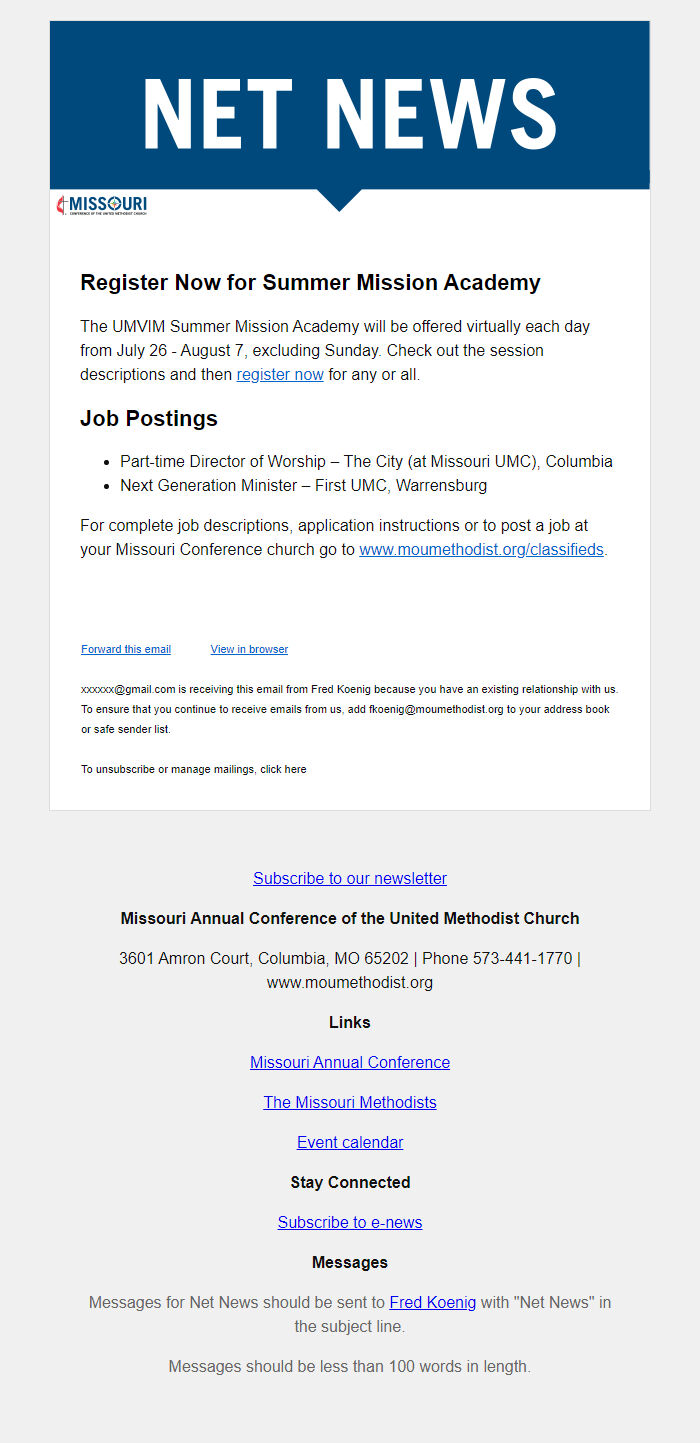 Screenshot of the email generated on import