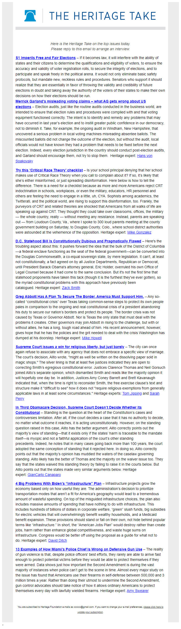 Screenshot of the email generated on import