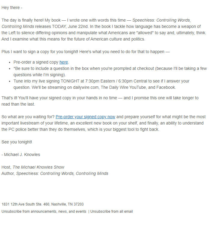 Screenshot of the email generated on import