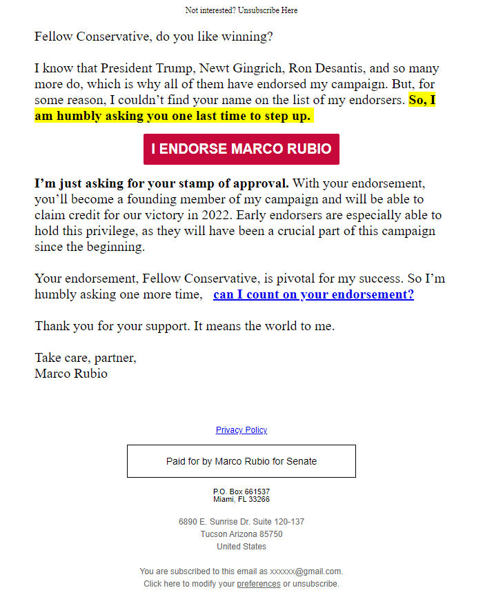 Screenshot of the email generated on import