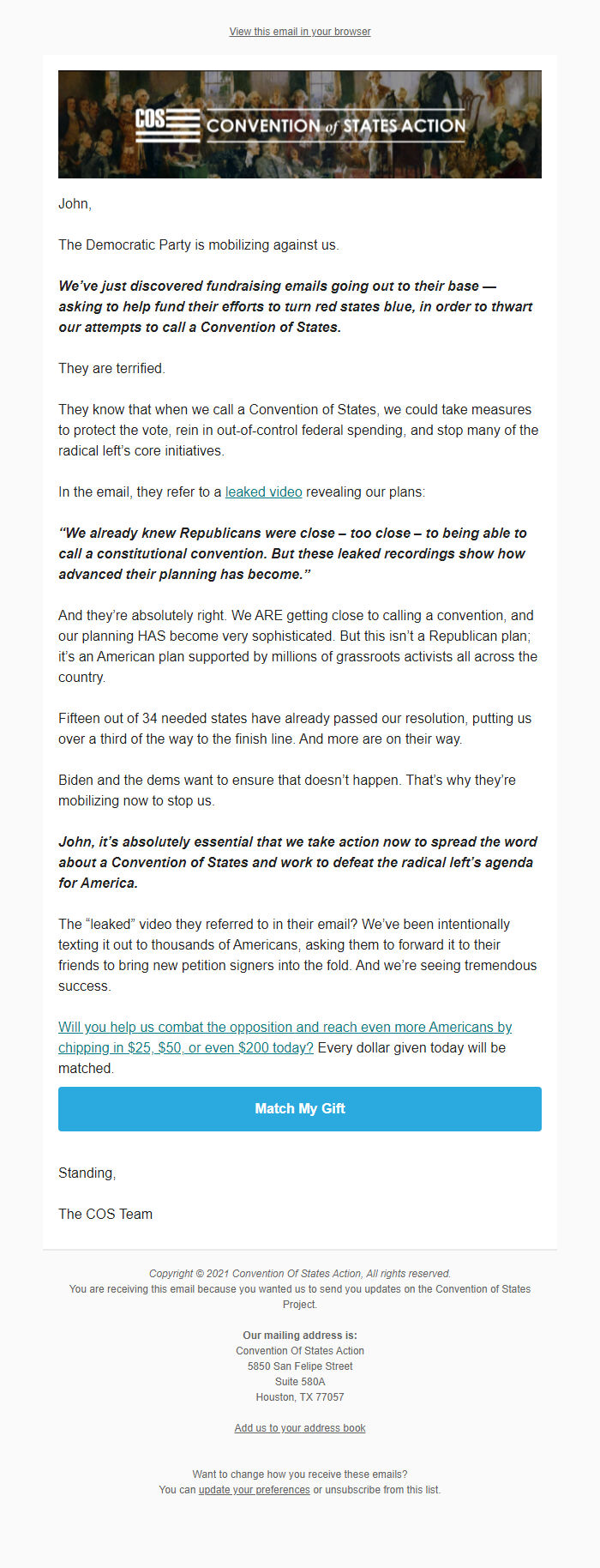 Screenshot of the email generated on import