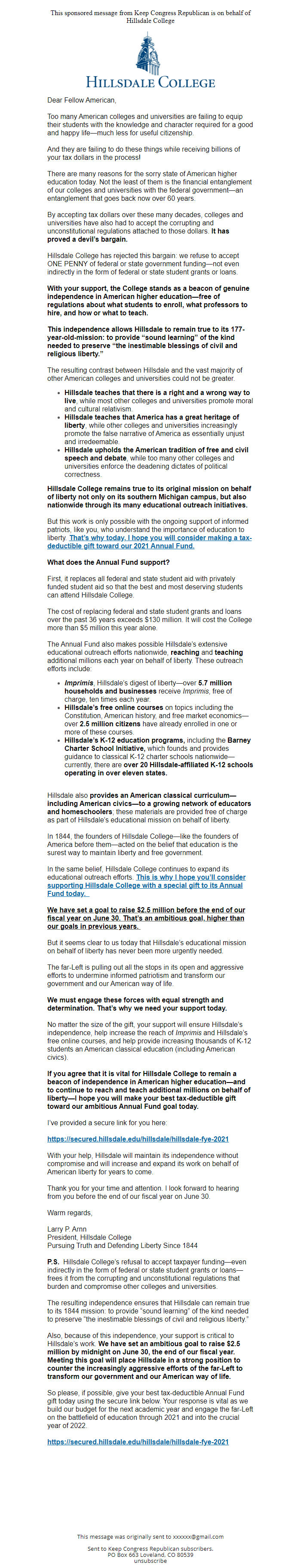 Screenshot of the email generated on import