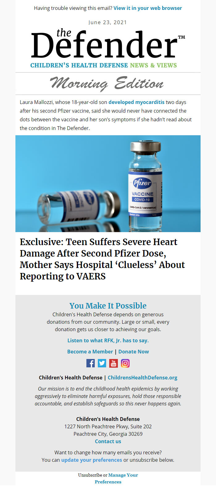 Screenshot of the email generated on import
