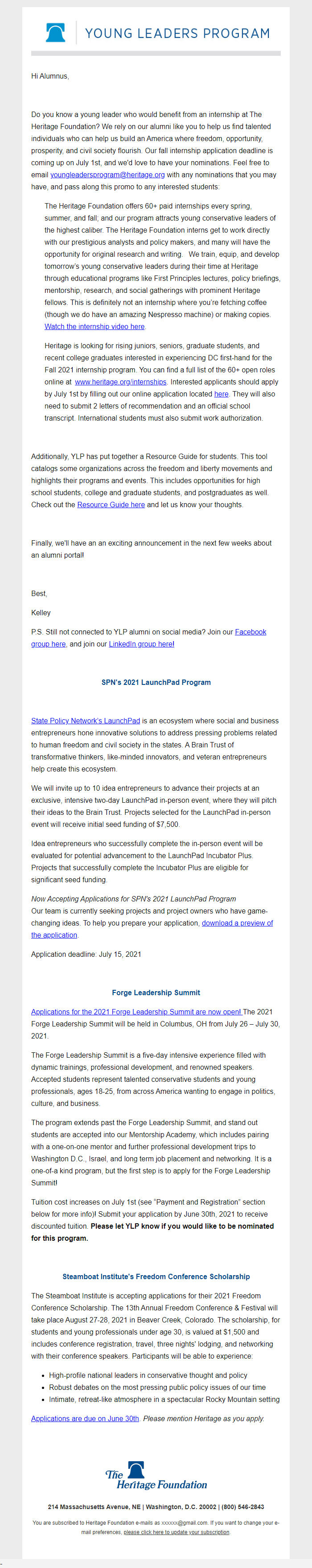 Screenshot of the email generated on import