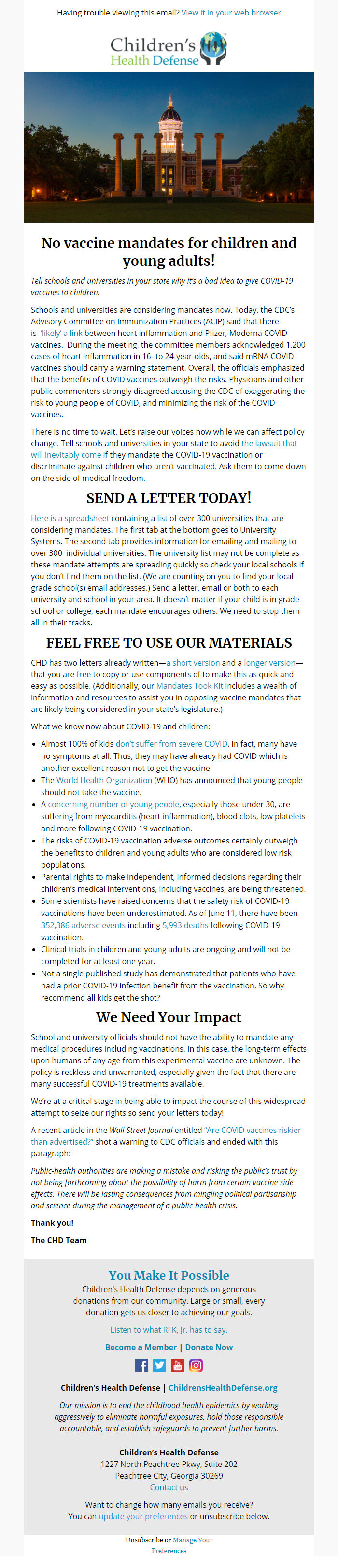 Screenshot of the email generated on import