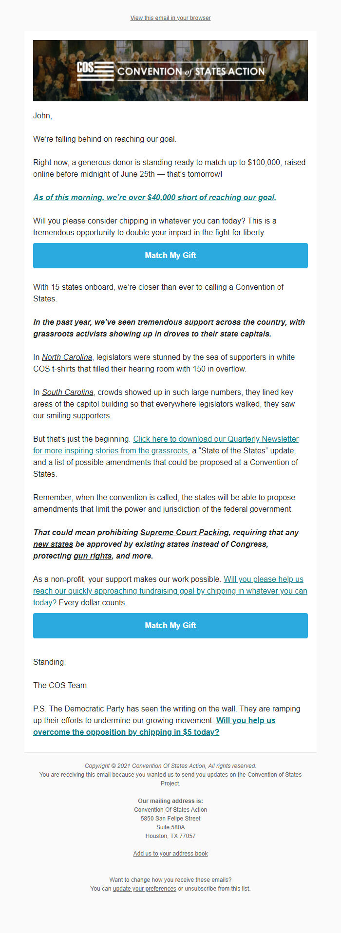 Screenshot of the email generated on import