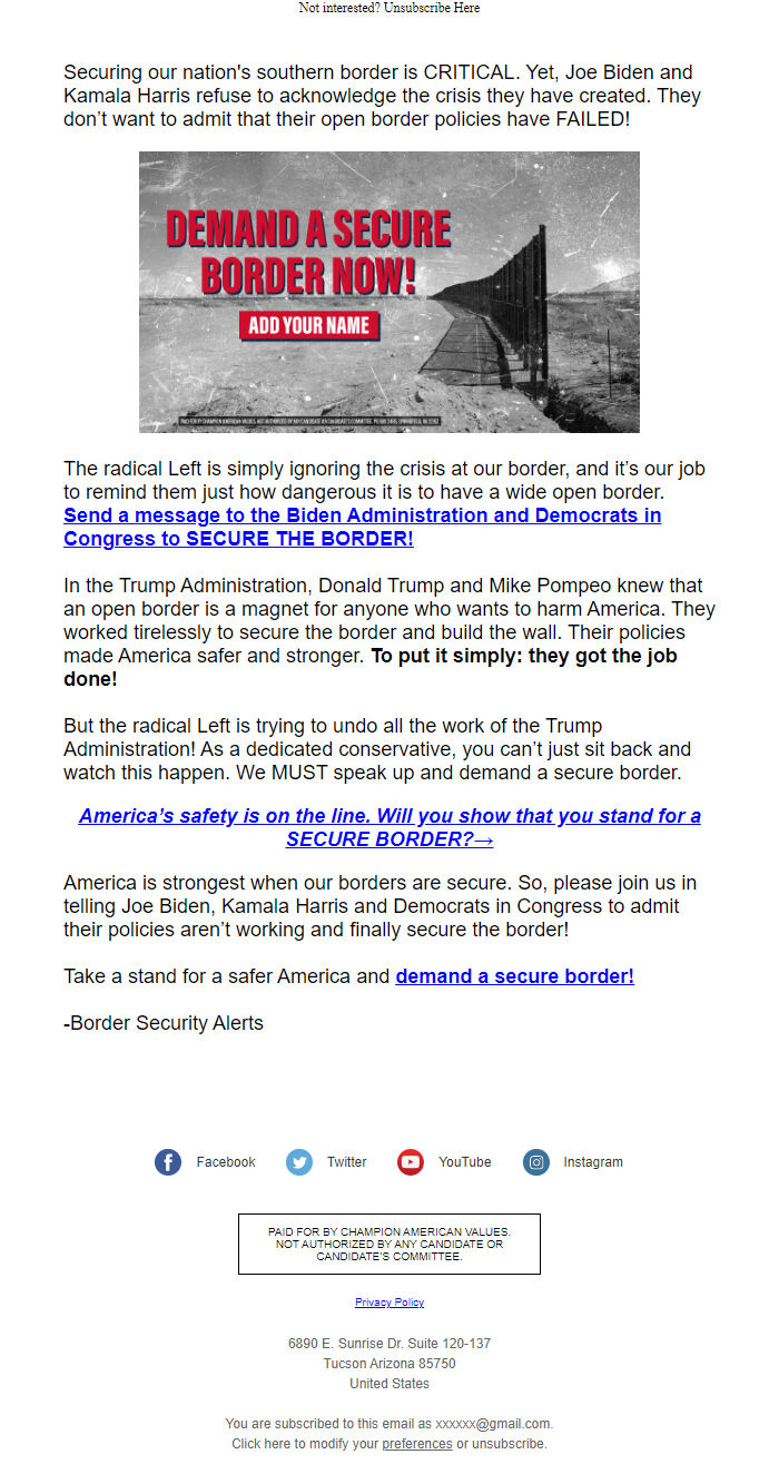 Screenshot of the email generated on import