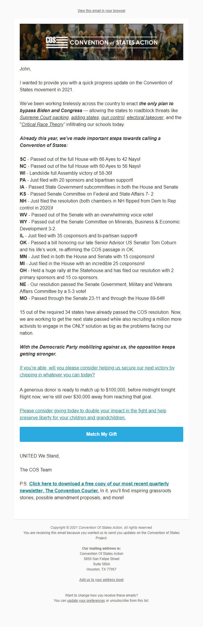 Screenshot of the email generated on import