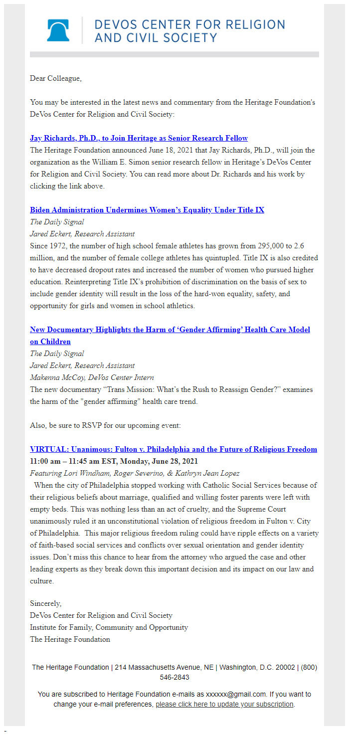 Screenshot of the email generated on import