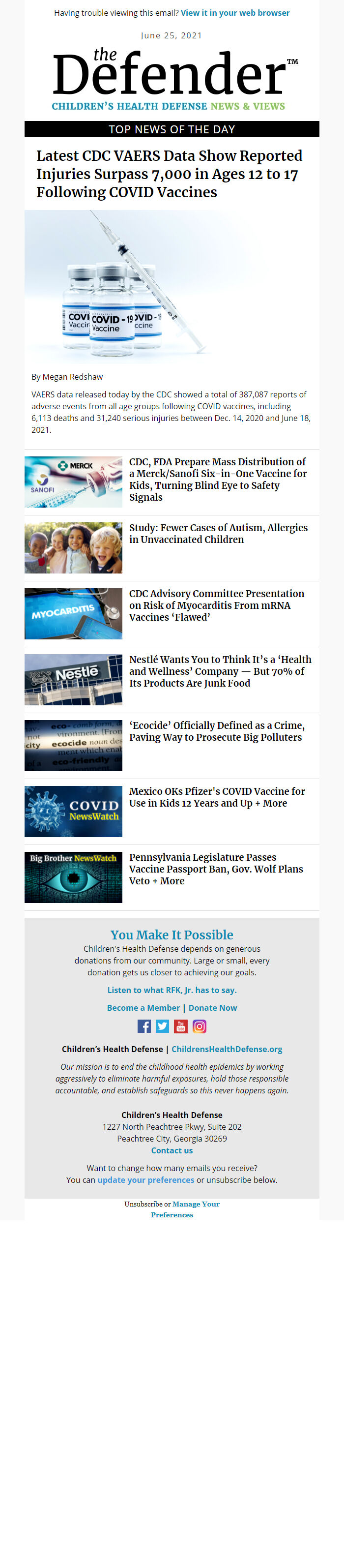 Screenshot of the email generated on import