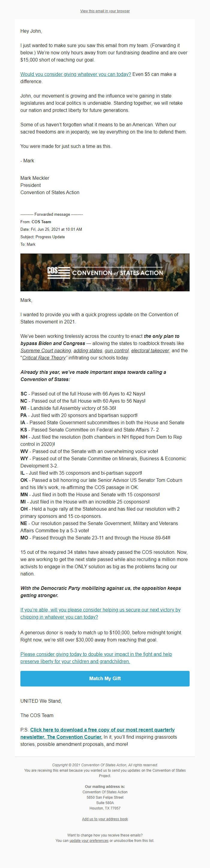 Screenshot of the email generated on import