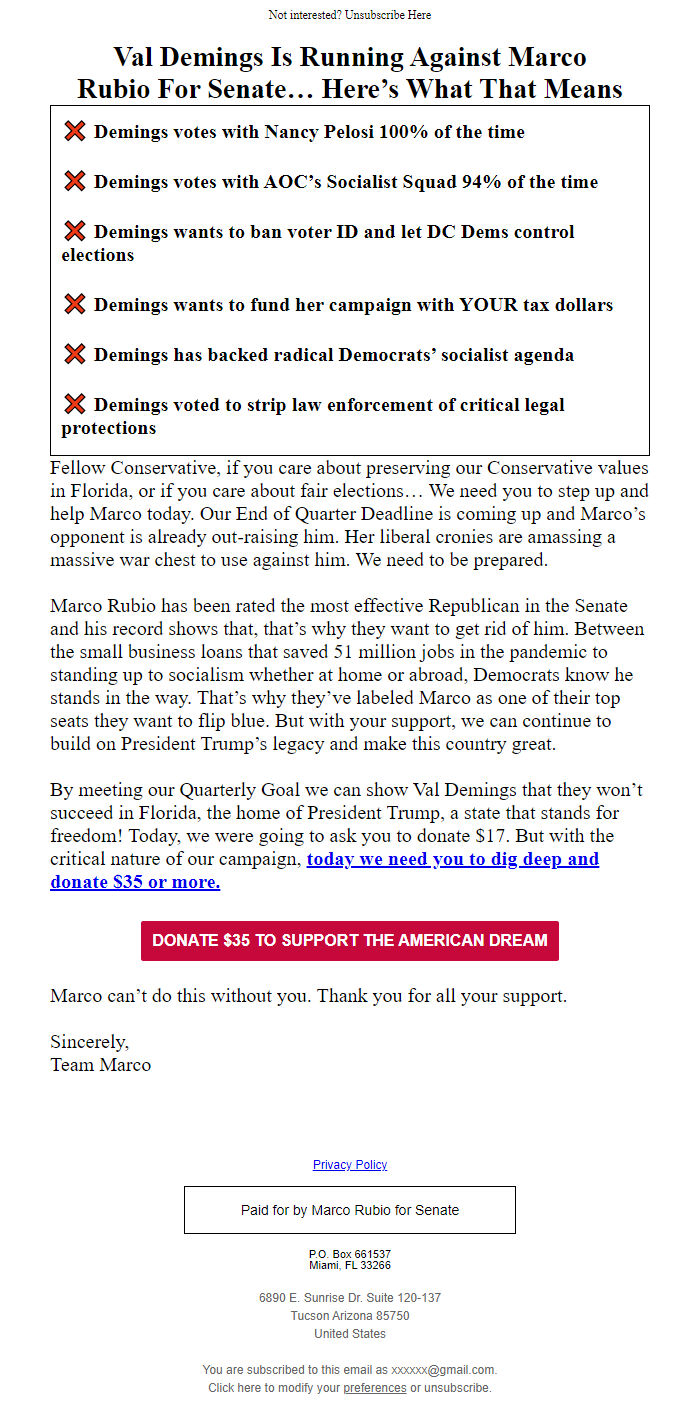 Screenshot of the email generated on import