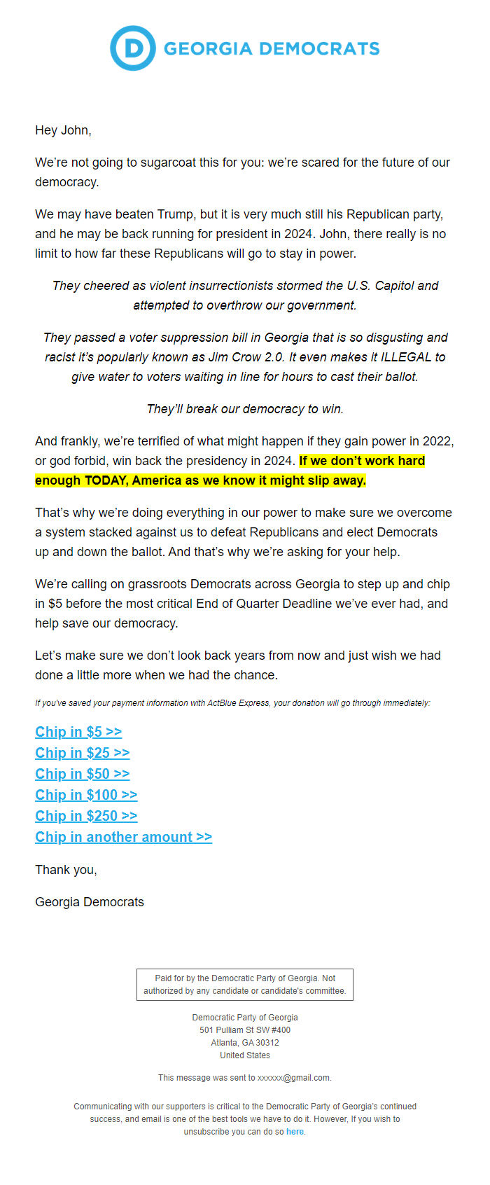 Screenshot of the email generated on import