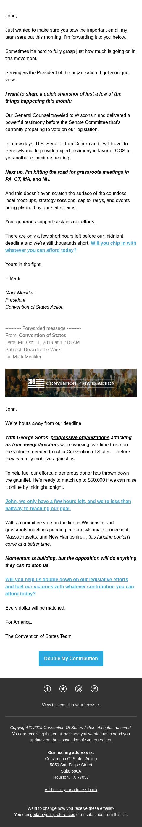 Screenshot of the email generated on import