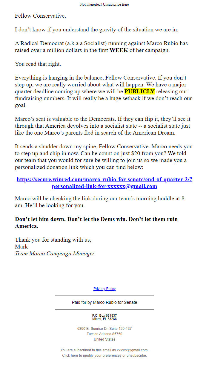 Screenshot of the email generated on import