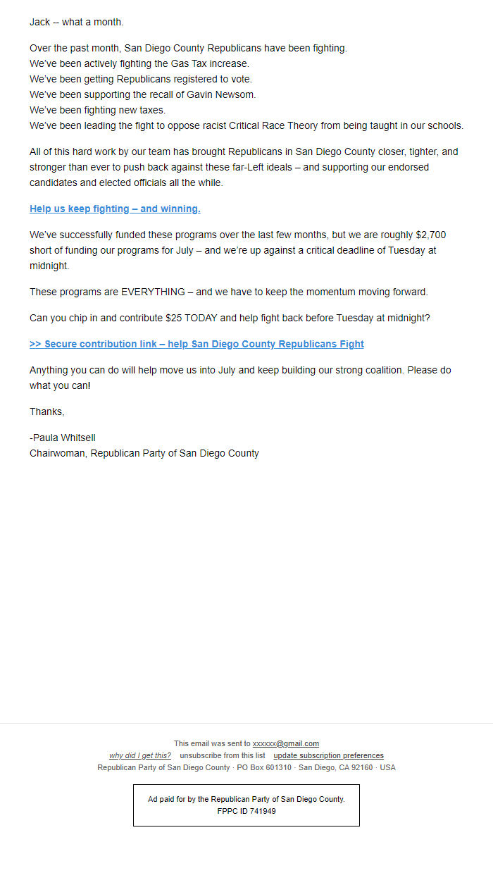 Screenshot of the email generated on import