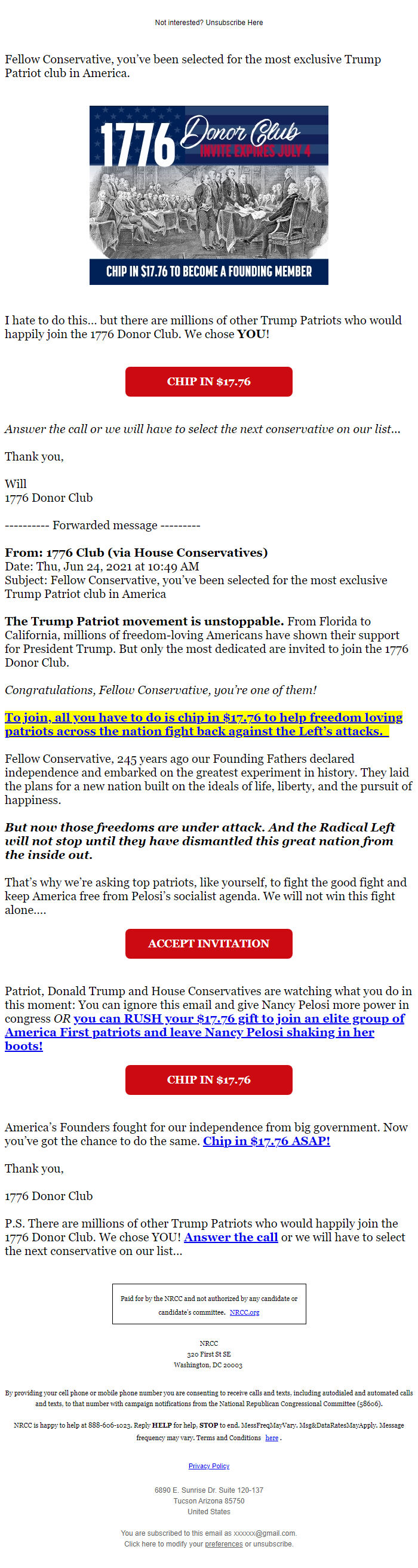 Screenshot of the email generated on import