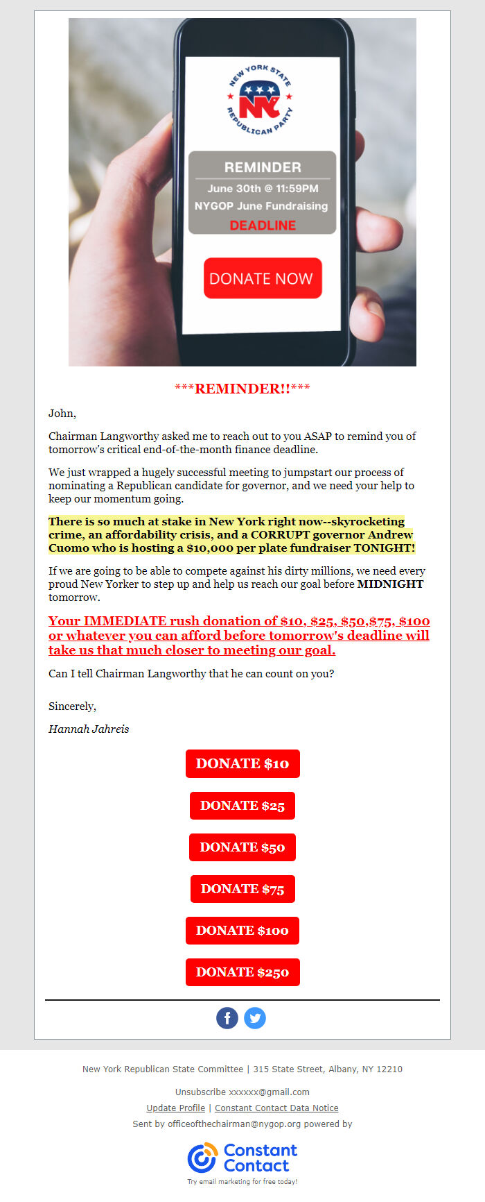 Screenshot of the email generated on import