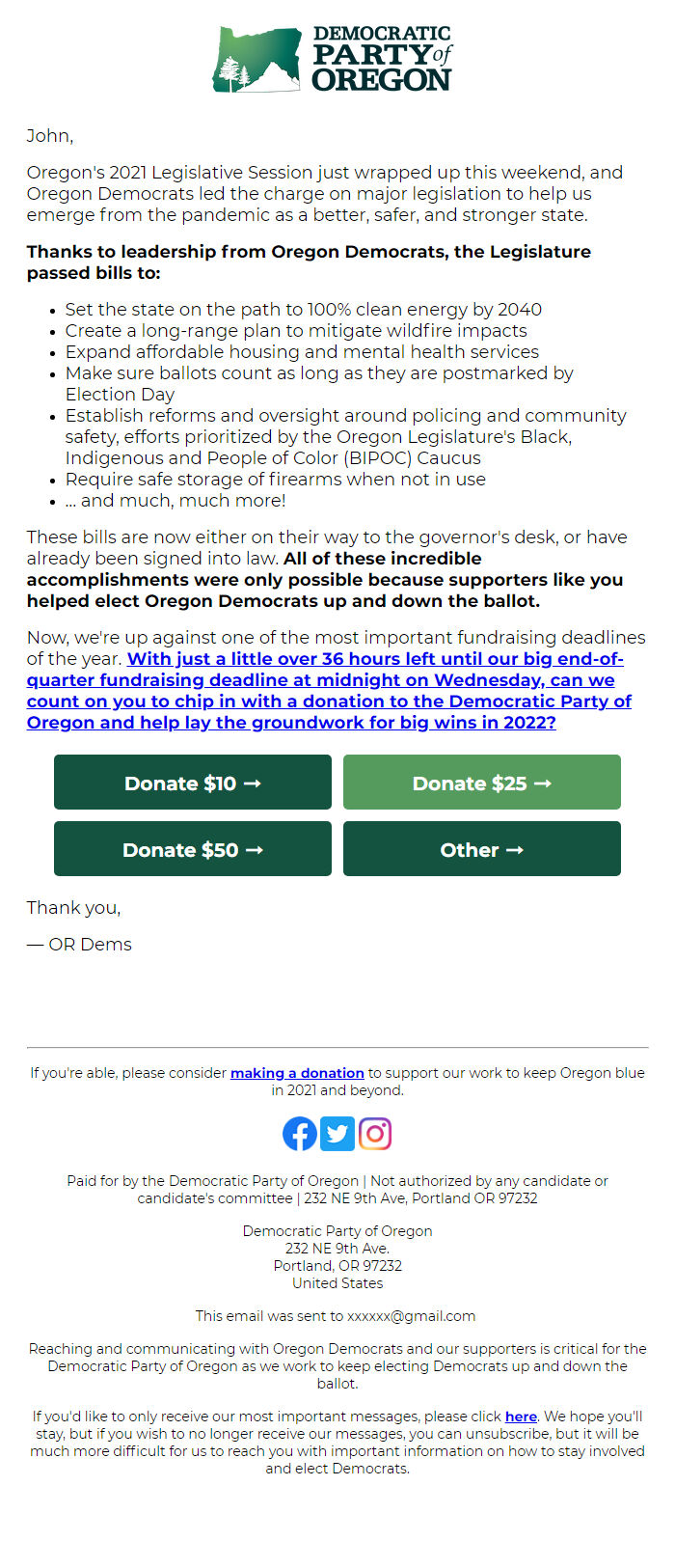 Screenshot of the email generated on import
