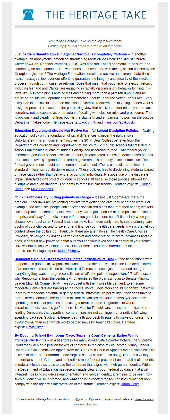 Screenshot of the email generated on import