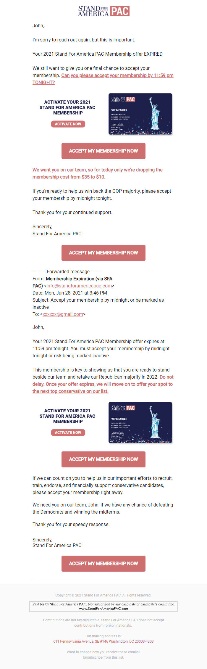 Screenshot of the email generated on import
