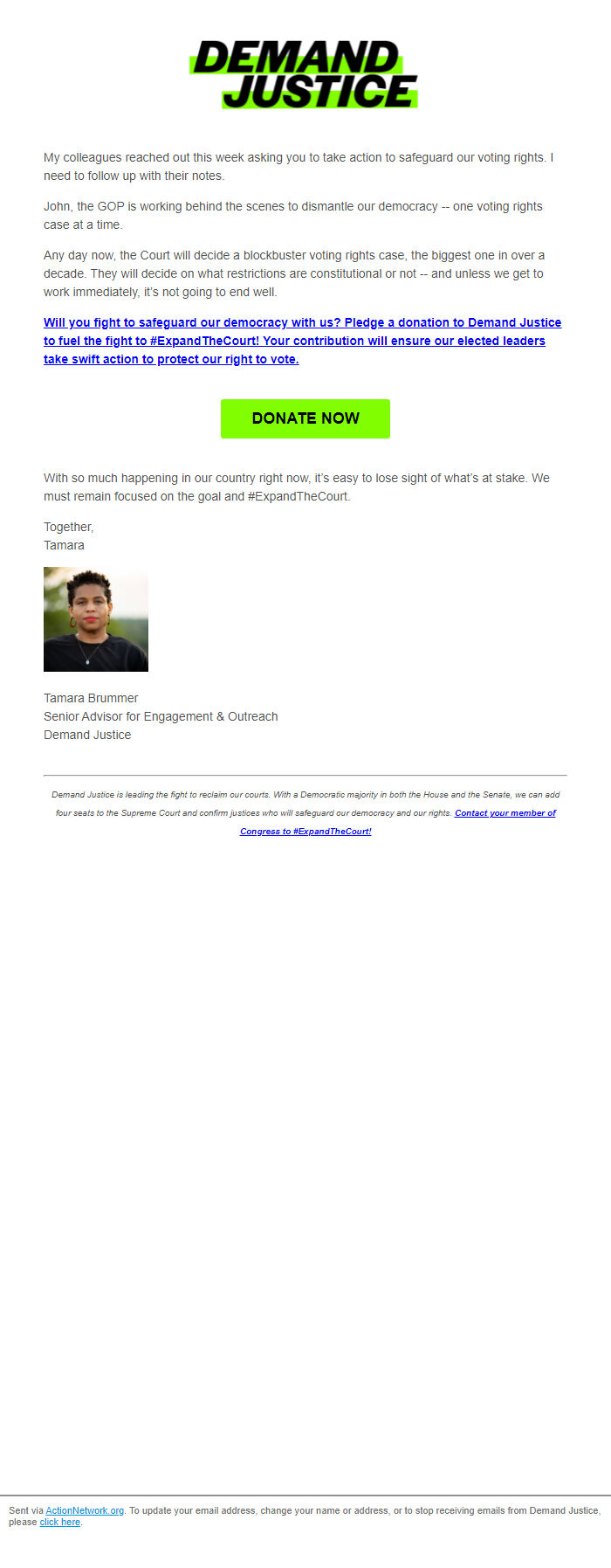 Screenshot of the email generated on import