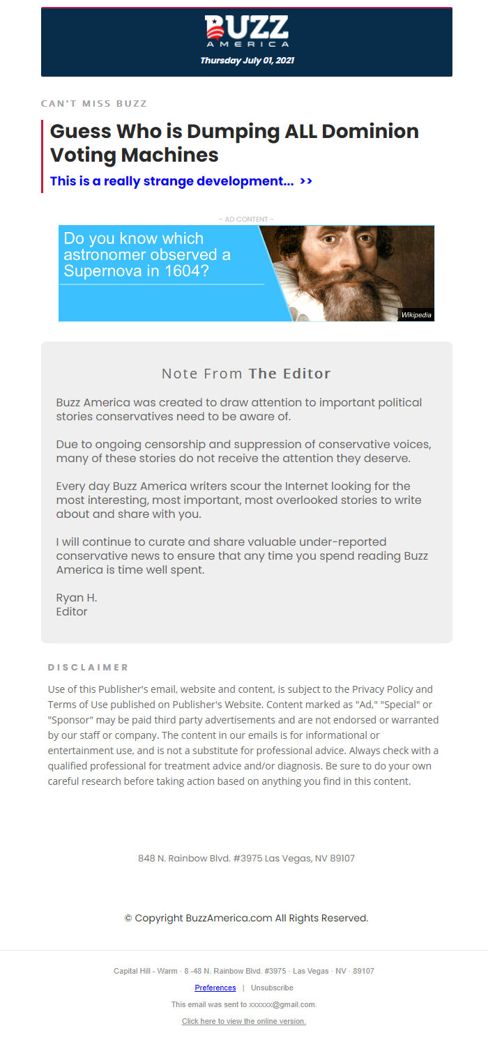 Screenshot of the email generated on import