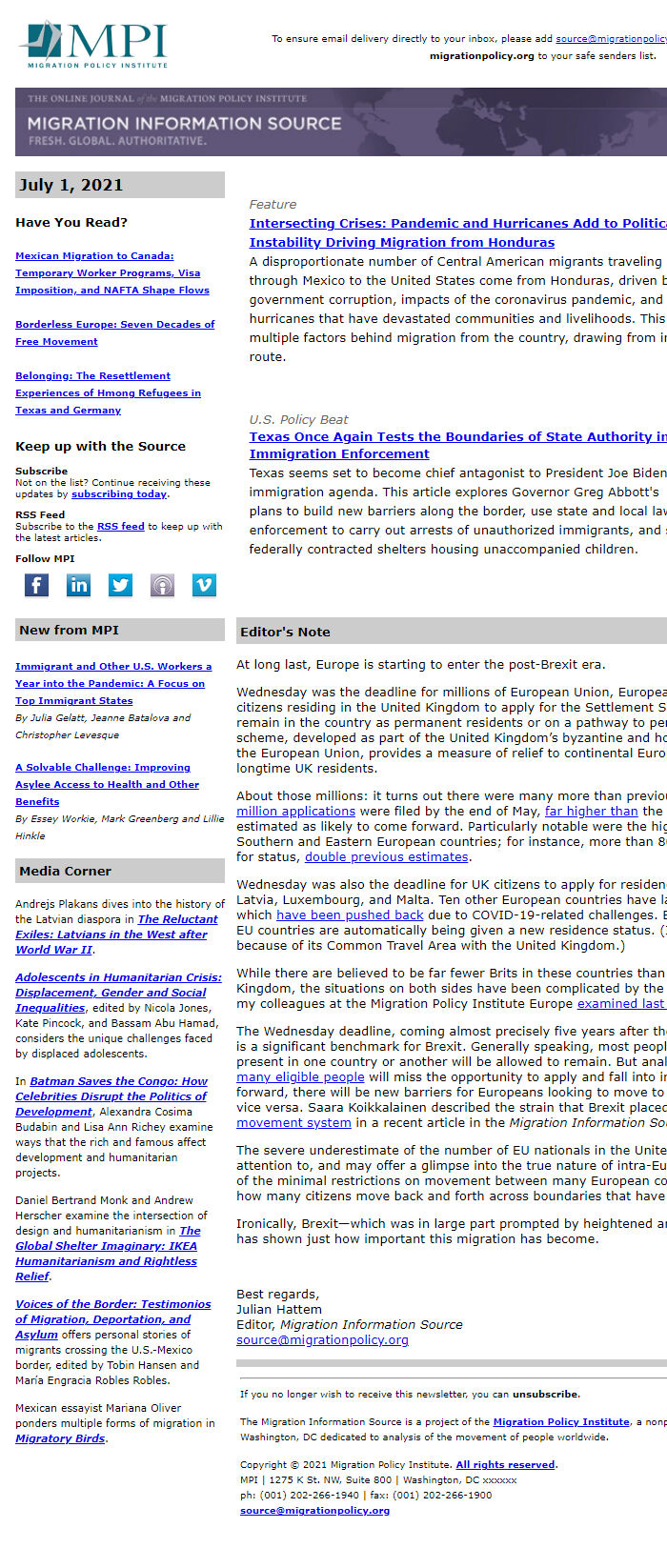 Screenshot of the email generated on import