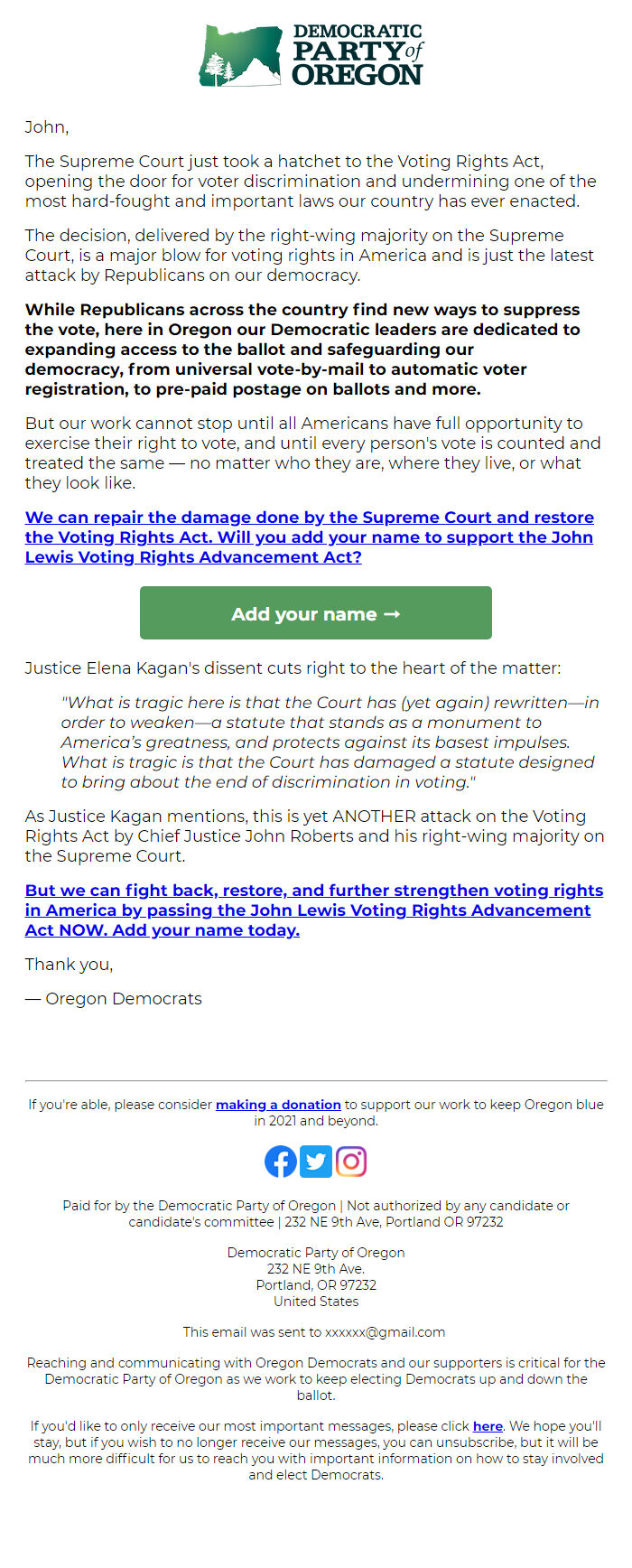 Screenshot of the email generated on import
