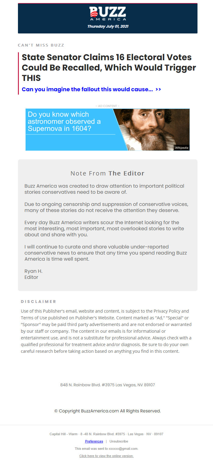 Screenshot of the email generated on import