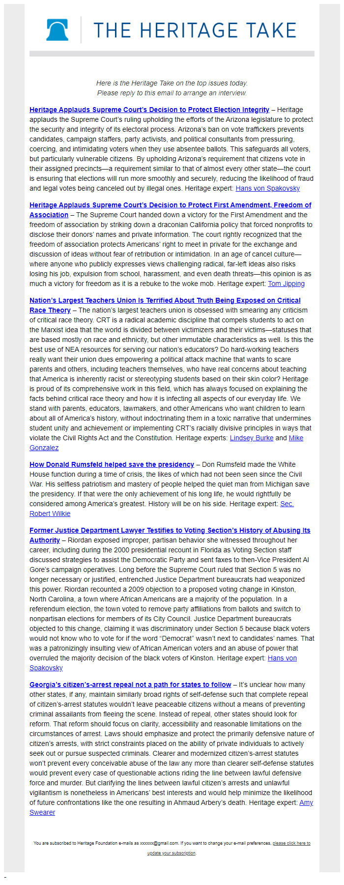Screenshot of the email generated on import