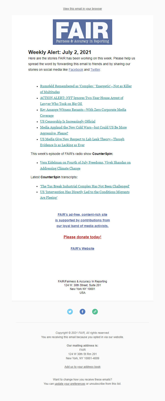 Screenshot of the email generated on import