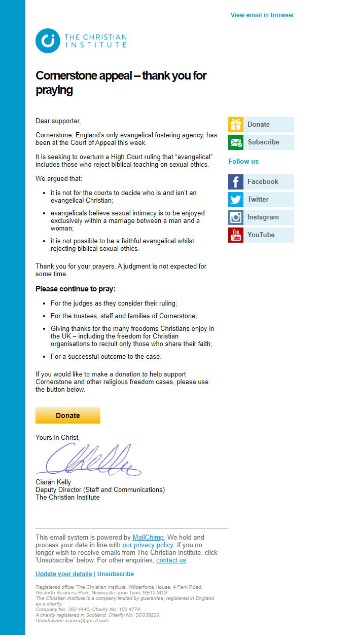 Screenshot of the email generated on import