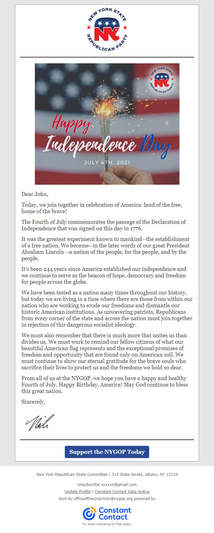 Screenshot of the email generated on import