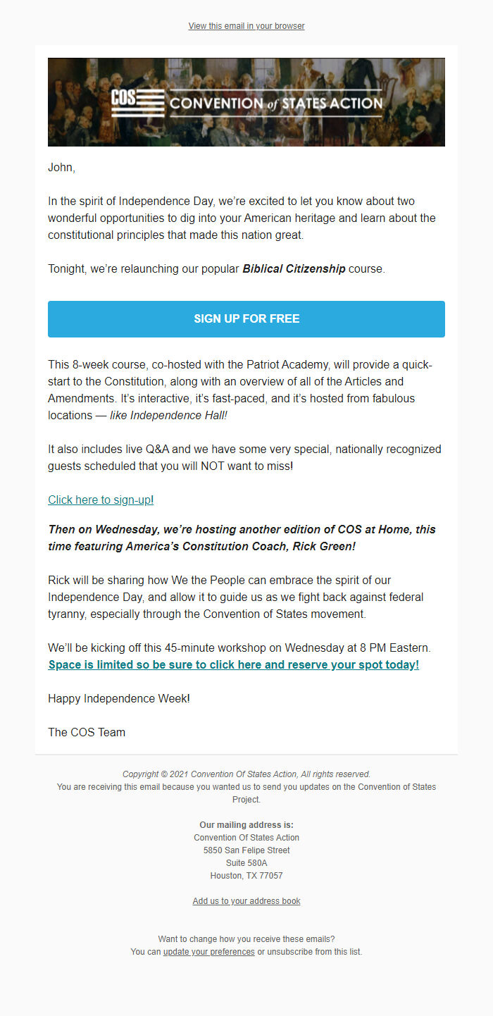Screenshot of the email generated on import