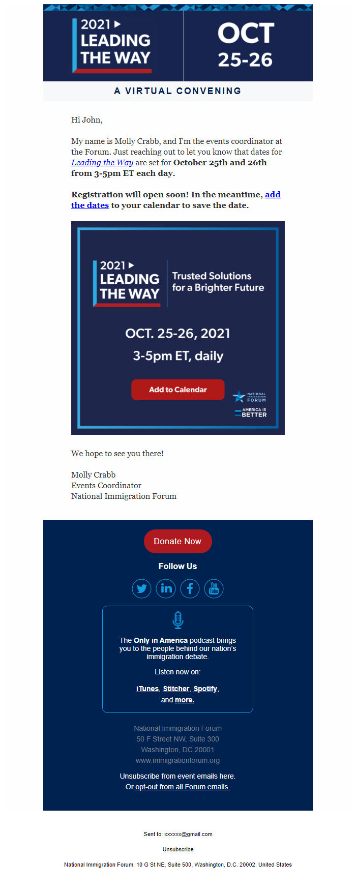 Screenshot of the email generated on import