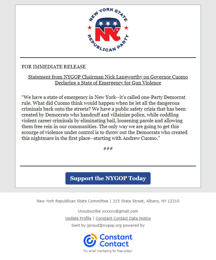 Screenshot of the email generated on import