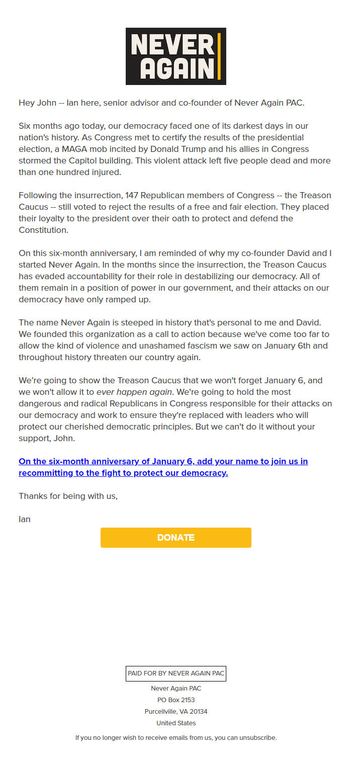 Screenshot of the email generated on import