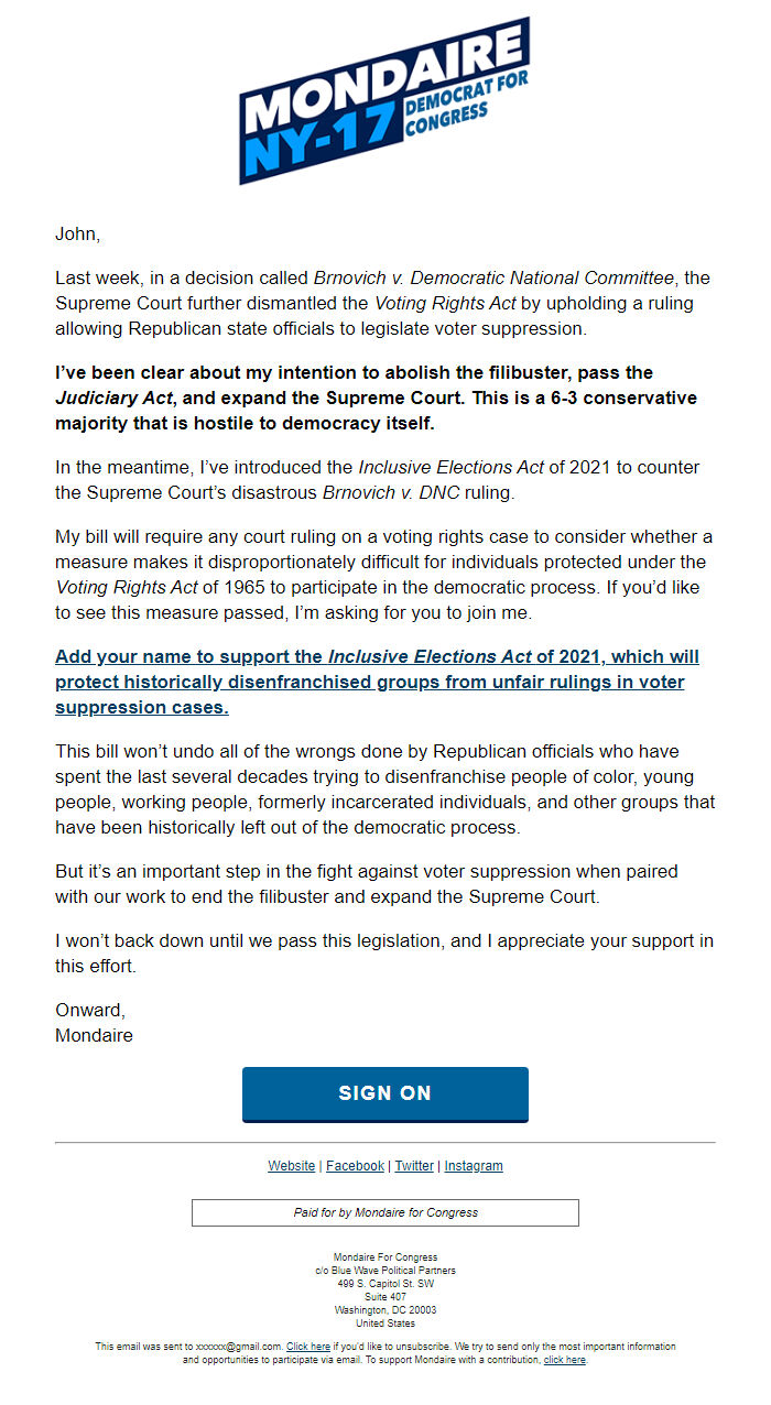 Screenshot of the email generated on import