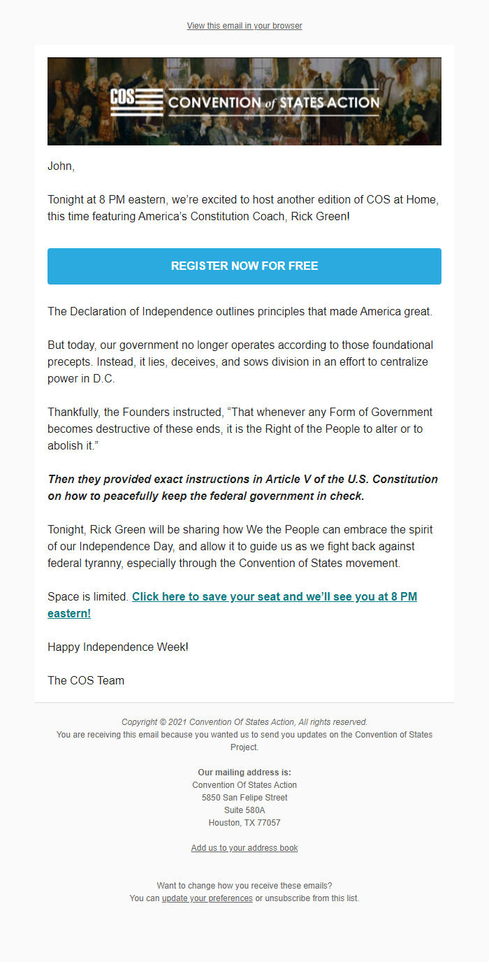 Screenshot of the email generated on import