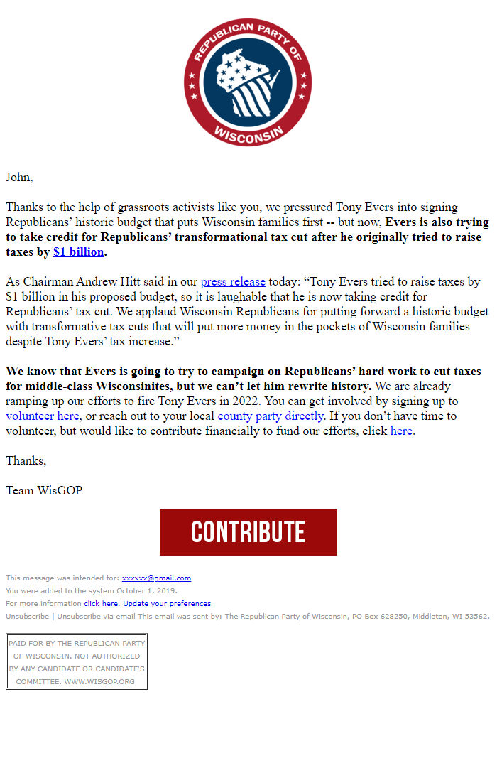 Screenshot of the email generated on import