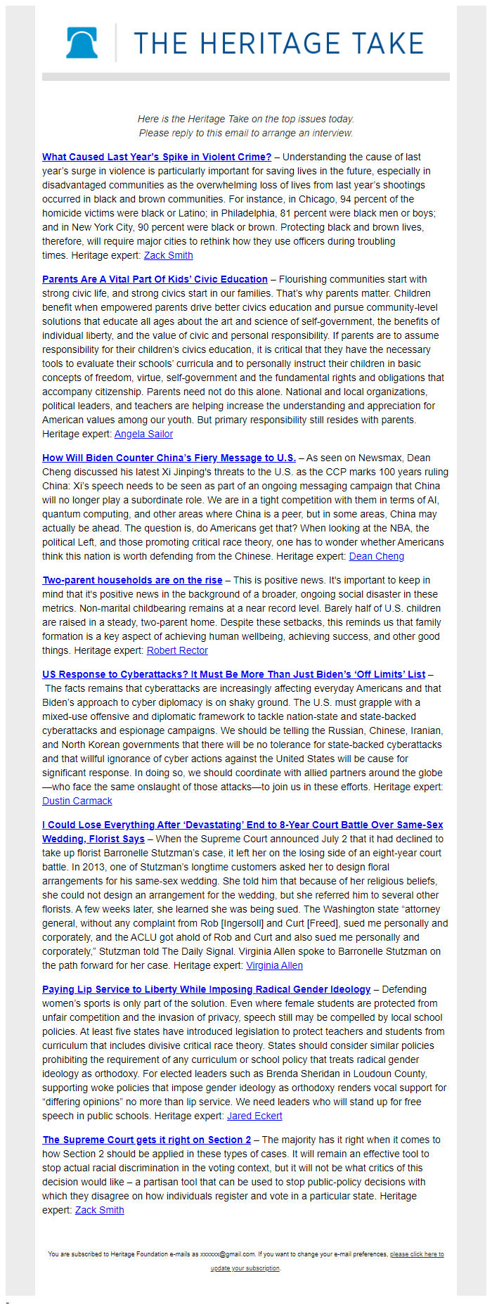 Screenshot of the email generated on import