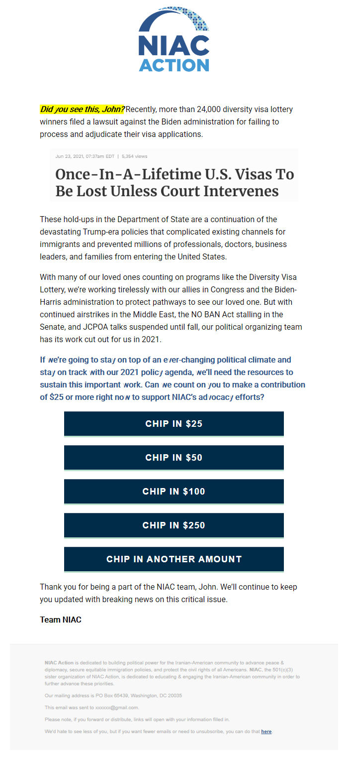 Screenshot of the email generated on import