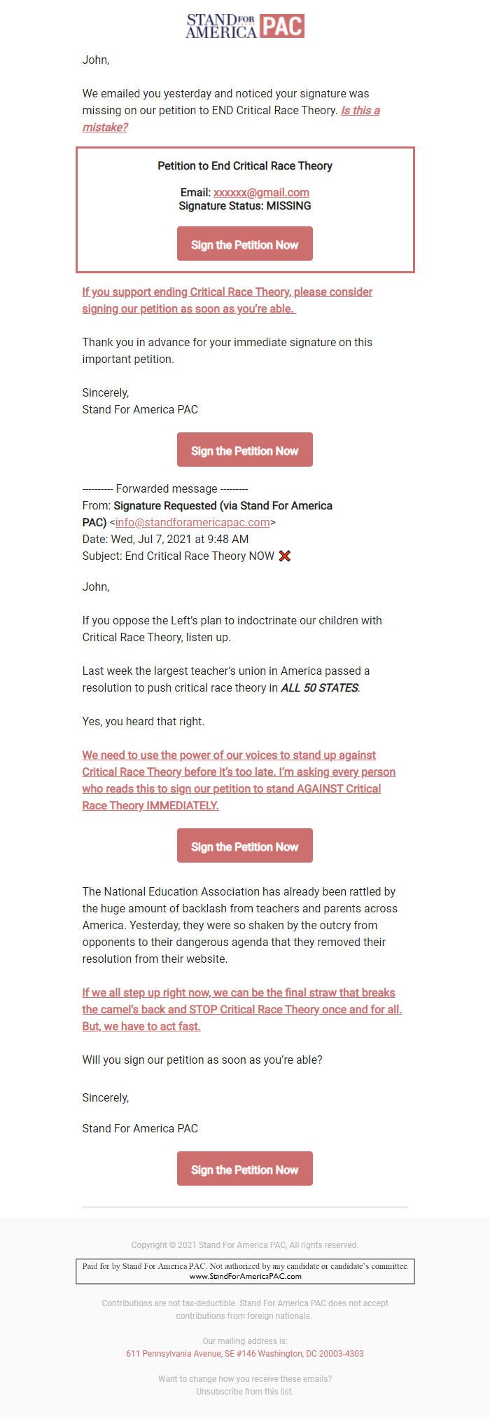 Screenshot of the email generated on import