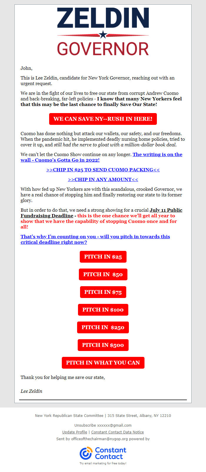 Screenshot of the email generated on import