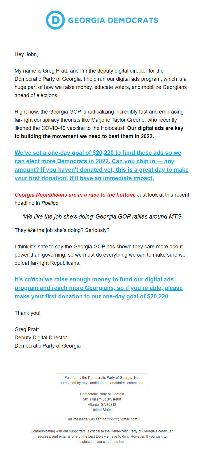 Screenshot of the email generated on import